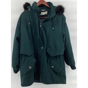 Bernardo Women's Puffer Thermal Coat Hooded Genuine Fox Fur Trim Green Size L